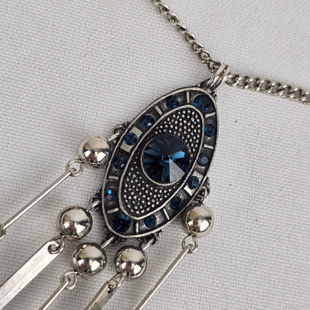 Silver & Blue Rhinestone Fringe Necklace - Picture 4 of 8